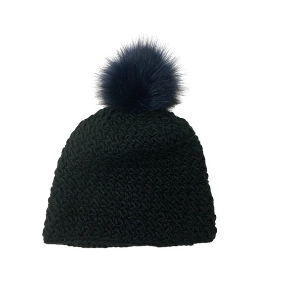 Surell Hand-Knit Black Beanie With Midnight Blue Faux Fox Fur Pom Pom - Picture 2 of 4